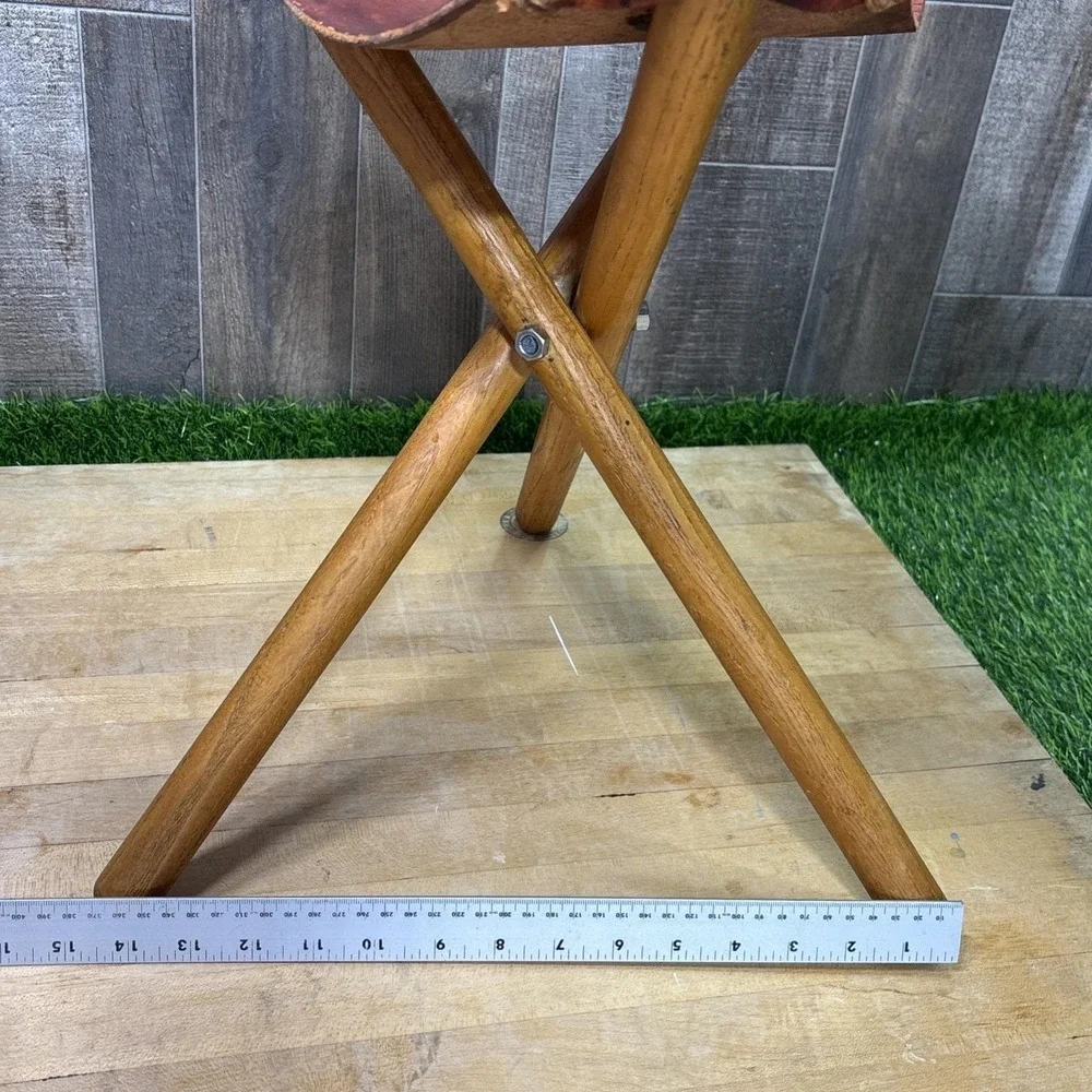Vintage 1950s Teak Leather Folding Tripod Footstool Ottoman Safari Decor